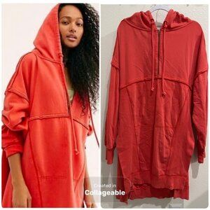Free People Sweatshirt Cardigan Hooded Boho Baggy Red Half Zip Cozy Lounge